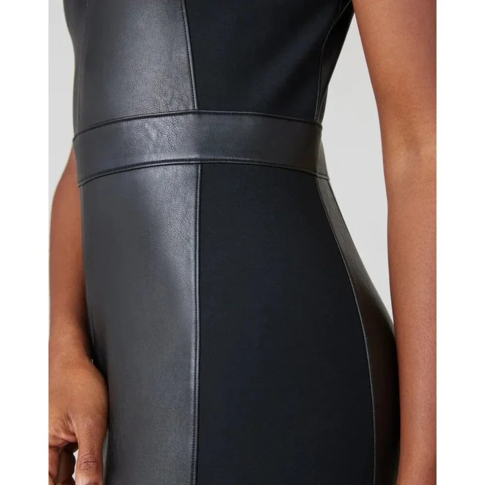 SPANX Dress Black Leather Like Combo Fitted M Delux Sheath Sleeveless 2039 - Picture 5 of 16